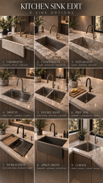 Nine kitchen sink styles shown side by side, comparing basin shapes and countertop installations.
