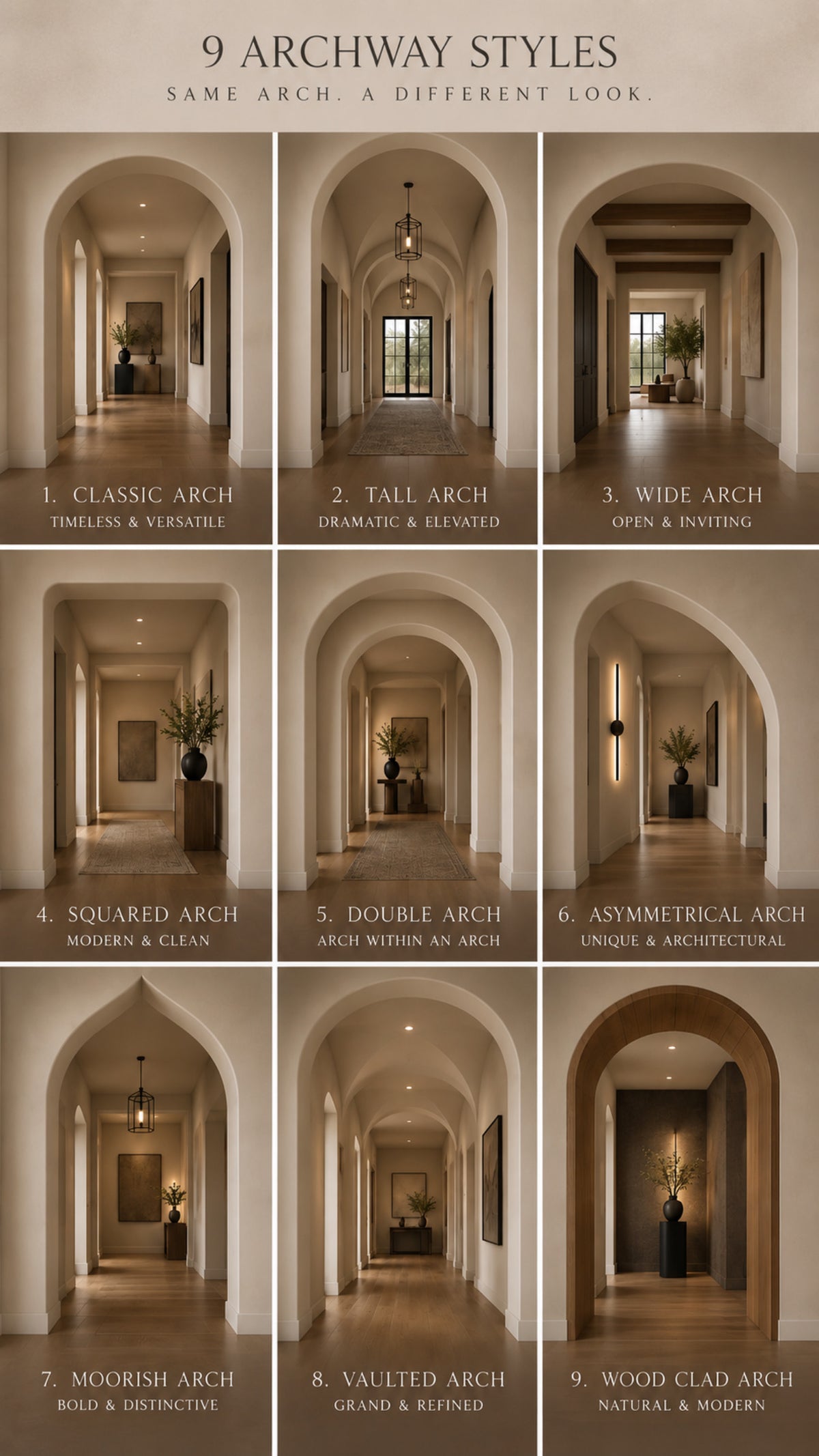 Nine entryway shapes shown side by side, comparing arched and rectangular openings.