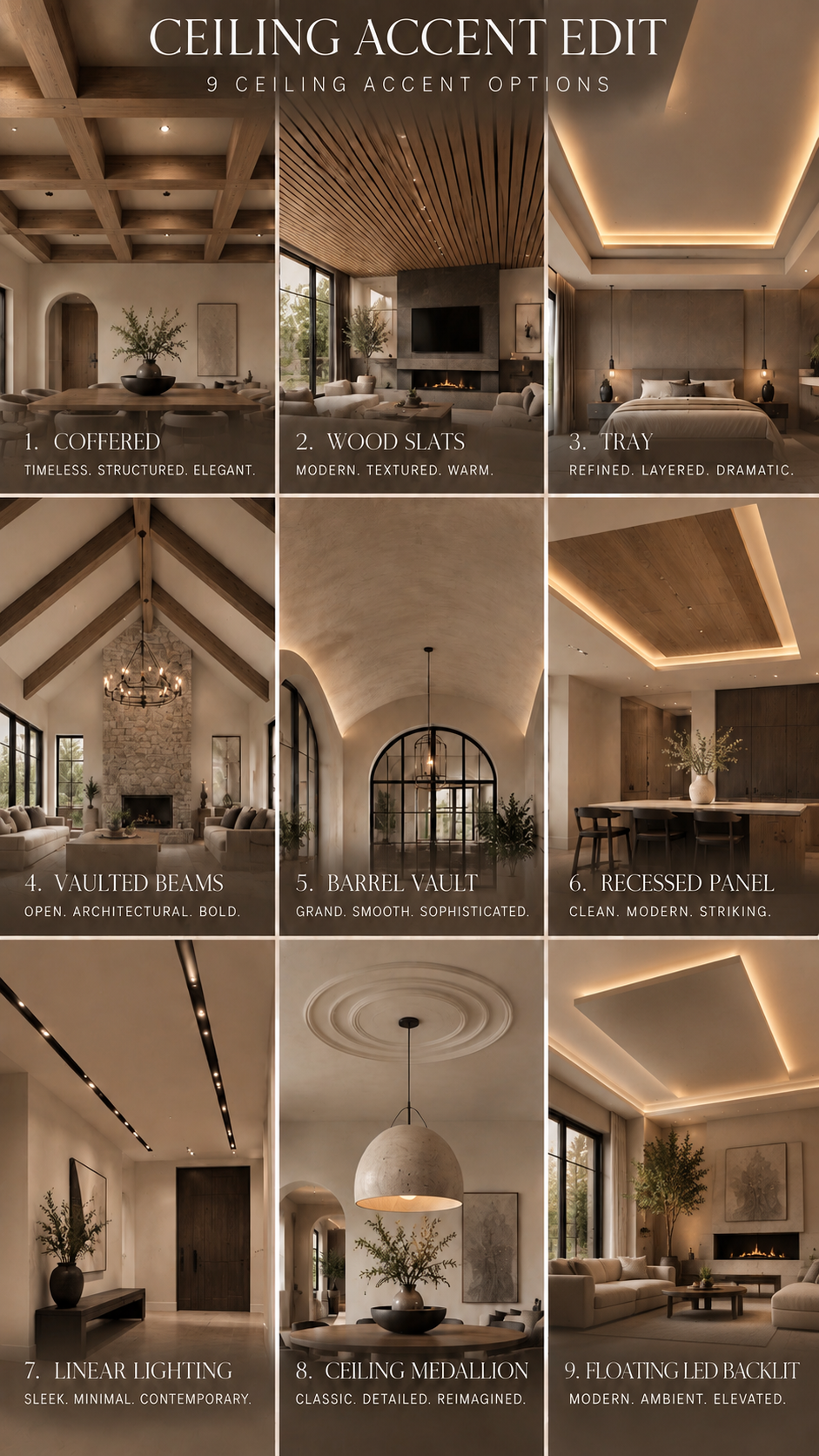 Nine ceiling accent designs shown in interior rooms, comparing beams, trim, and recessed details.