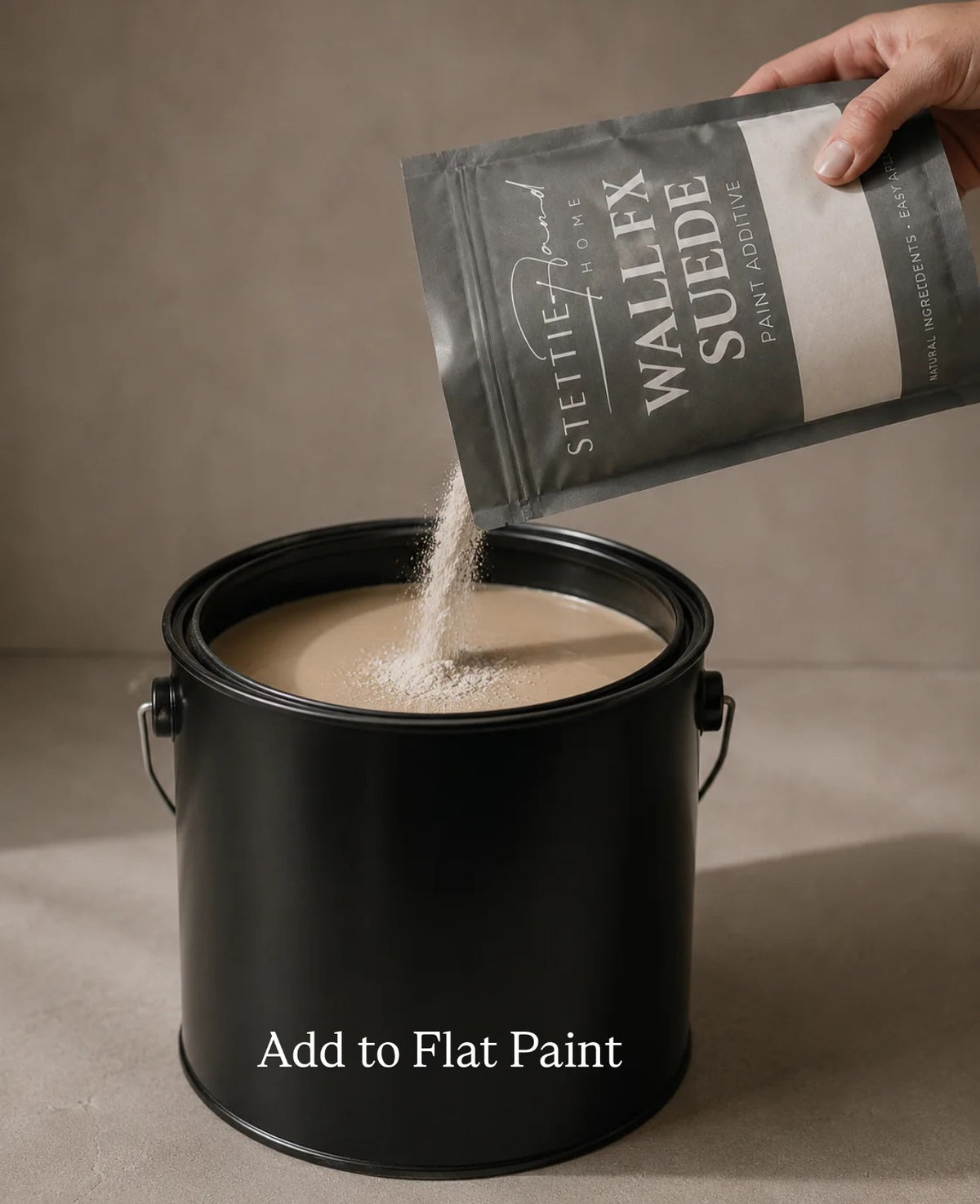 Wall FX Suede paint additive and materials for creating a textured wall finish.