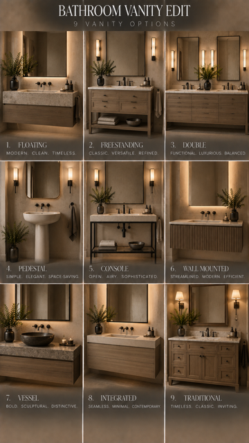 Nine bathroom vanity designs shown side by side, comparing cabinetry, sinks, and countertop styles.
