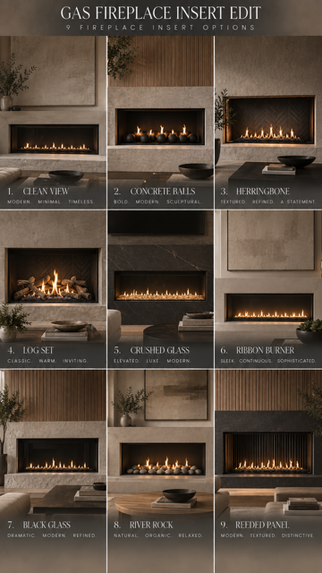 Nine gas fireplace insert styles shown in different living room settings for side-by-side comparison.