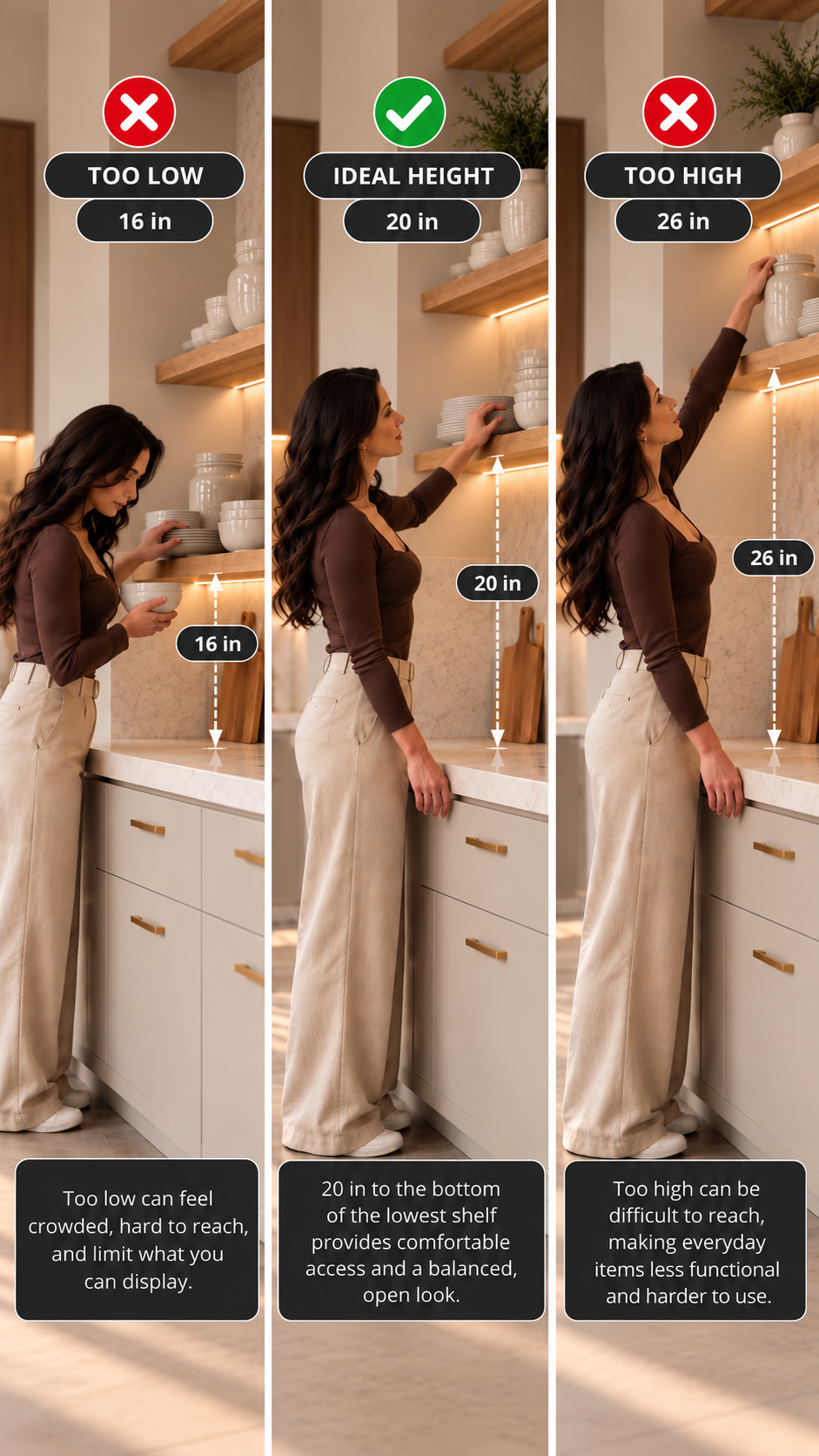 Kitchen shelving height guide comparing shelves placed too low, at a comfortable reach, and too high above a countertop.