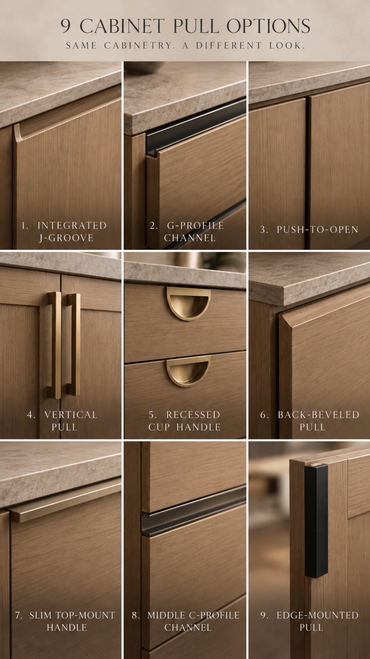 Nine cabinet pull and knob styles shown on drawers and doors, comparing shapes and finishes.