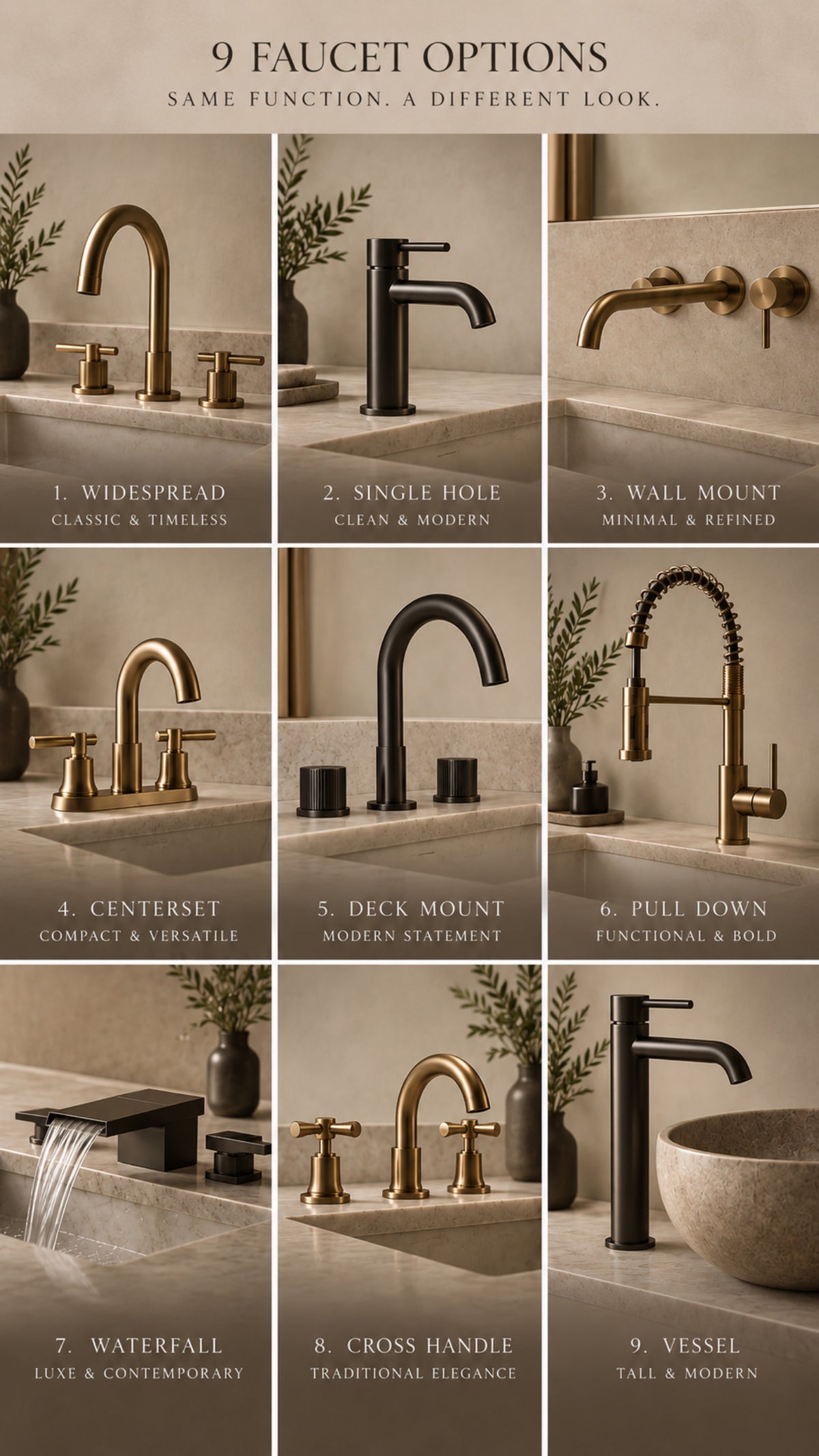 Nine faucet designs shown side by side, comparing spout shapes, handles, and finishes.