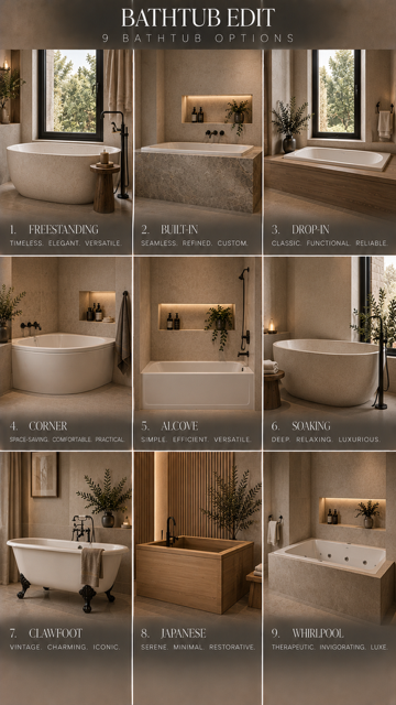 Nine bathtub designs shown in bathroom settings, comparing tub shapes and surrounding finishes.