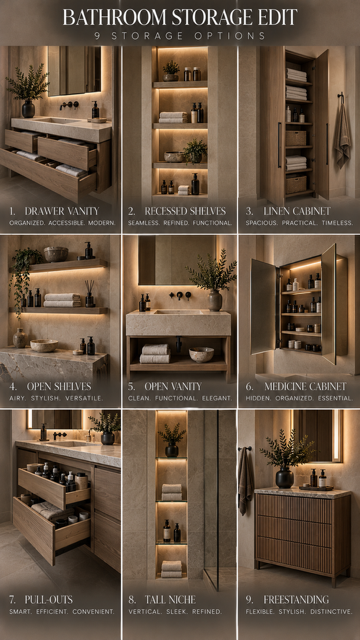 Nine bathroom storage ideas shown side by side, comparing shelves, cabinets, and built-in niches.