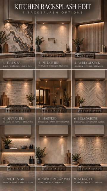 Nine kitchen backsplash designs shown behind countertops and ranges, comparing tile patterns and finishes.
