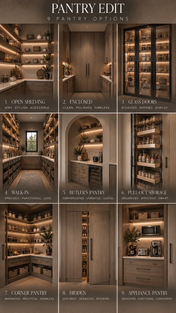 Nine pantry storage designs shown side by side, comparing shelving, cabinetry, and organization layouts.
