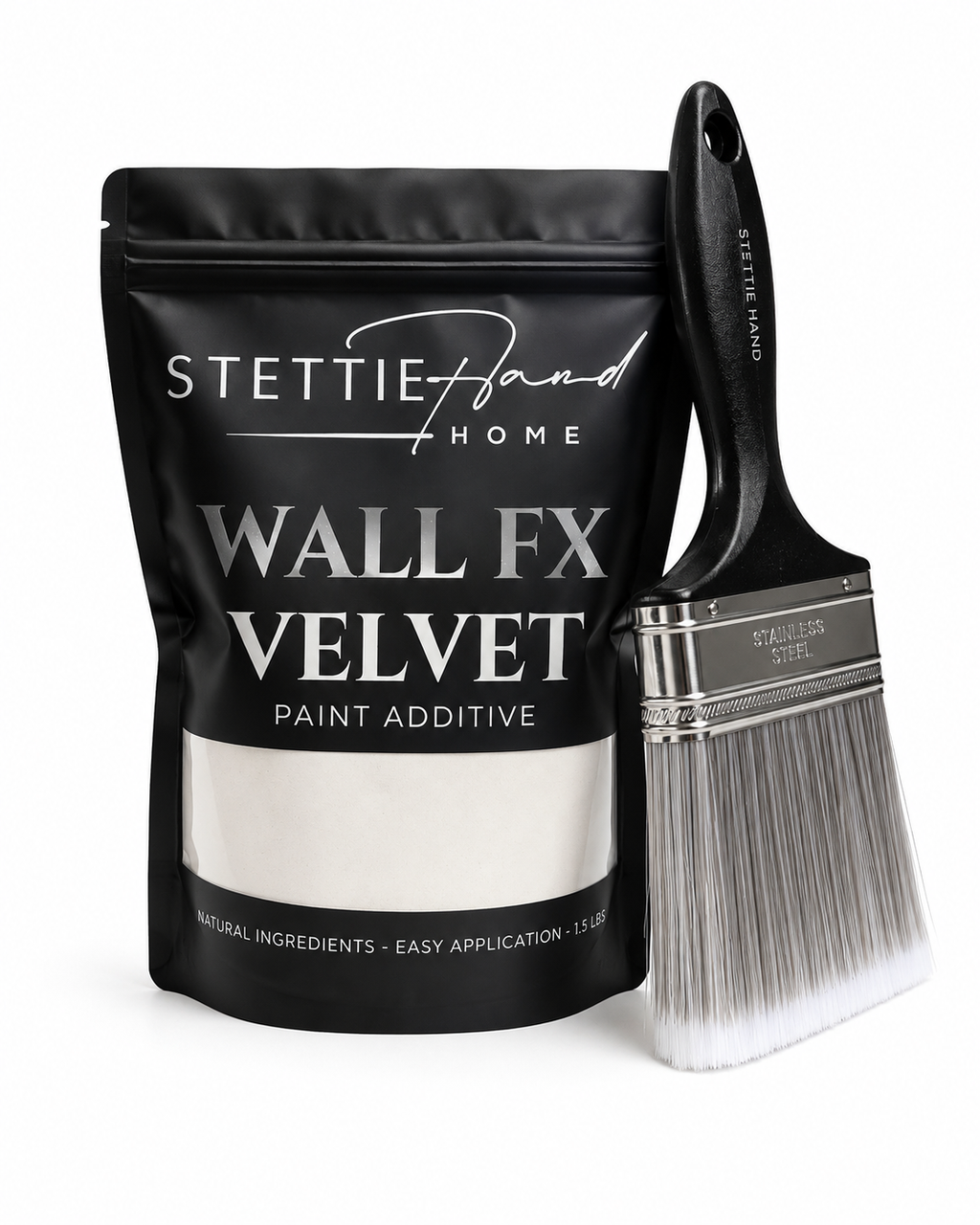 Wall FX Velvet paint additive packet beside the Faux Finish Brush. Our suggested 4" light-weight paint brush.
