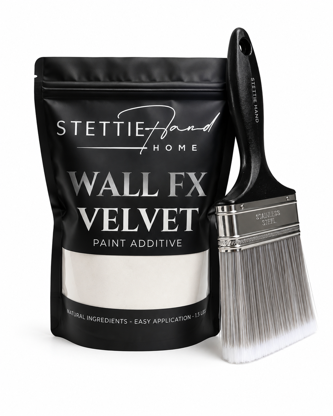 Wall FX Velvet paint additive packet beside the Faux Finish Brush. Our suggested 4" light-weight paint brush.