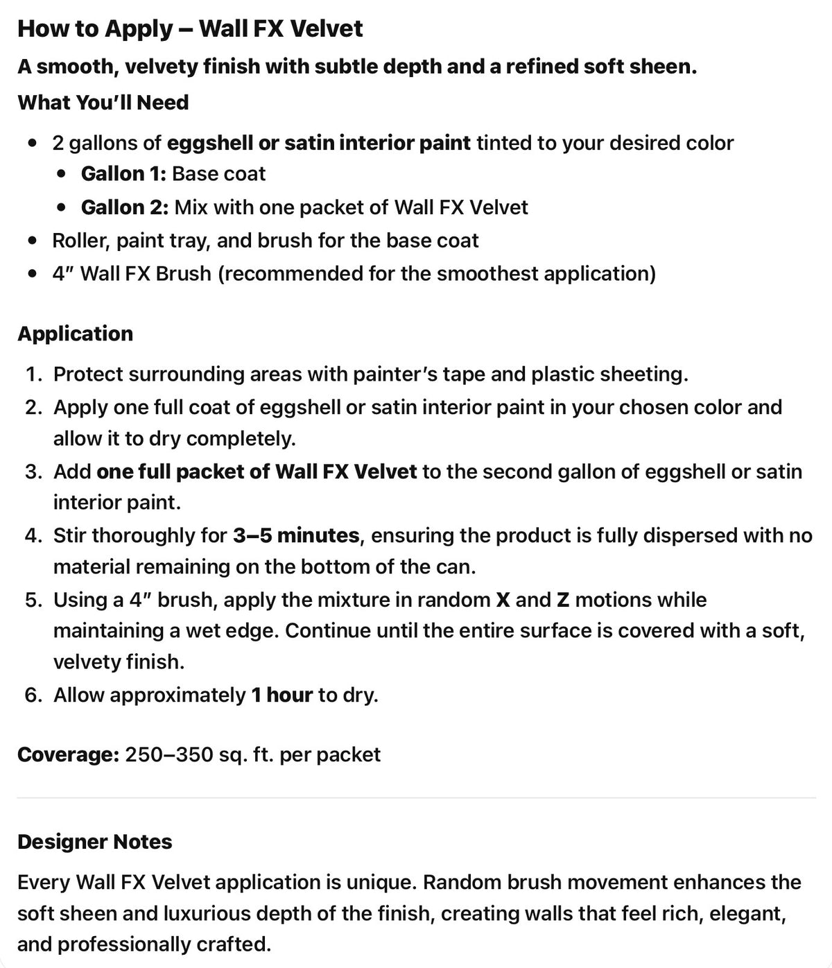 A text-based application guide for Wall FX Velvet, detailing how to apply a smooth, velvety finish with step-by-step instructions, required materials, coverage area, and application notes.